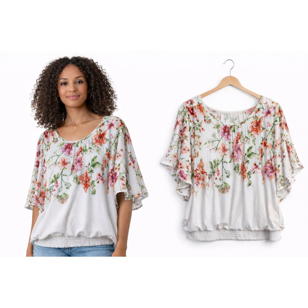 Susan Graver Smocked Waist Top Blouse Large Dolman Sleeve Lined Top
